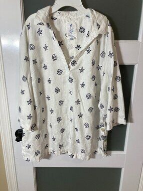 Calypso St. Barth Linen Blend Embroidered Starfish & Seashell Tunic Top - 1X
